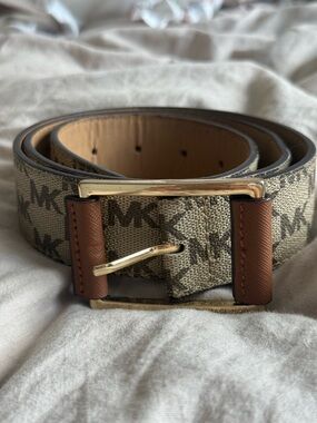 Michael Kors Beige MK Logo Canvas Belt with Brown Leather Trim and Gold Buckle